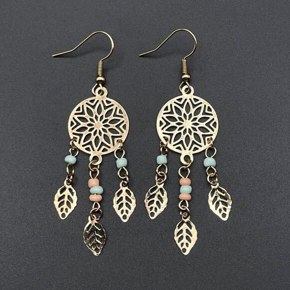 Yellow Gold with Green and Peach Beaded Boho Style Dream Catcher Hook Earrings - Picture 2 of 8